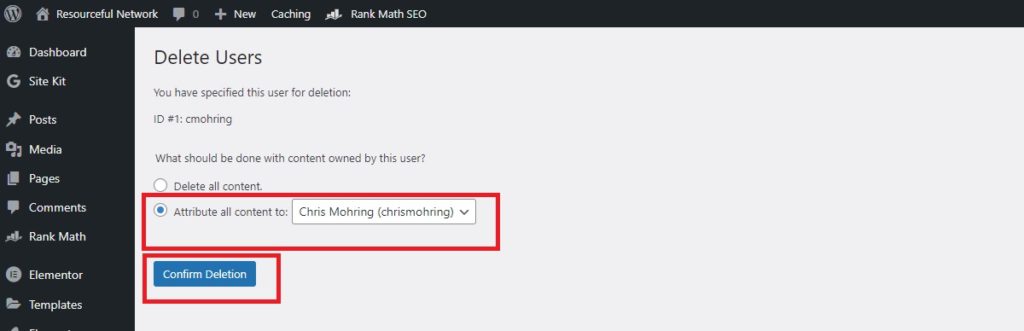 attribute all content to new user in wordpress